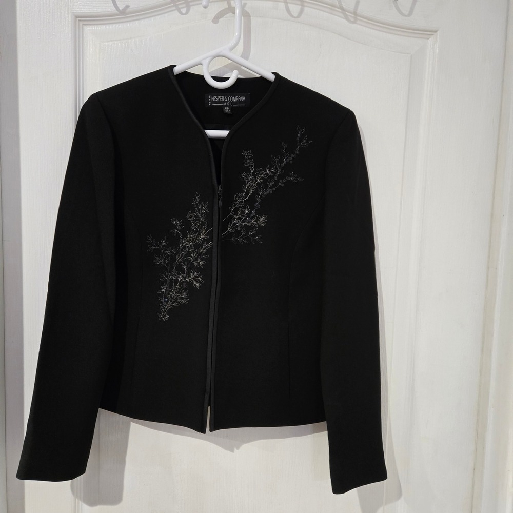 Kasper & Company ASL Blazer Womens 6P Black Embroidered Zip Jacket Evening wear